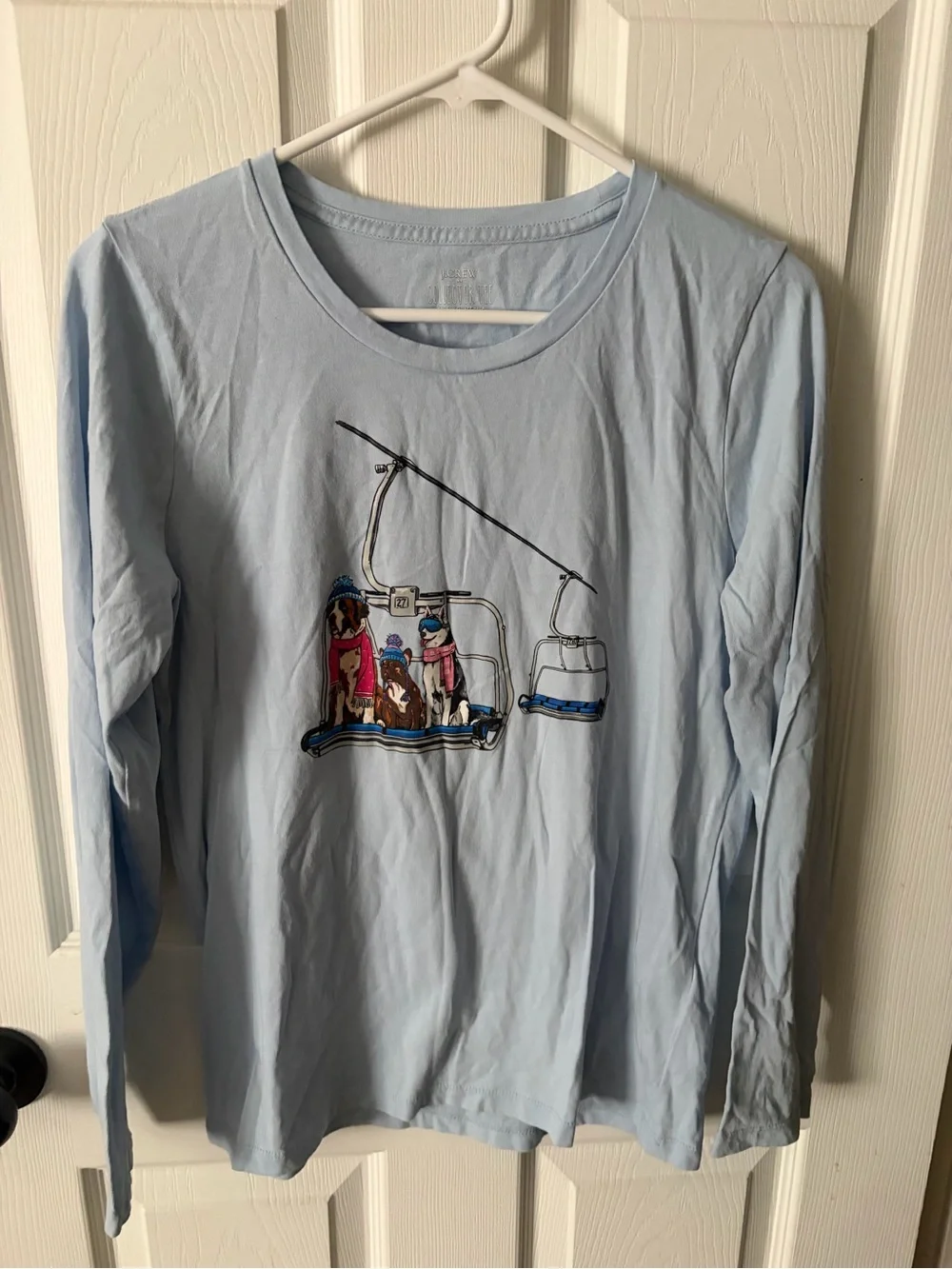 J Crew Women’s Dogs On Ski Lift Collector Tee Long Sleeve Blue Size M